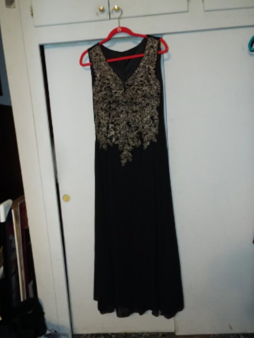 Long Black Evening Dress with Golden Floral Embroidery Size Large